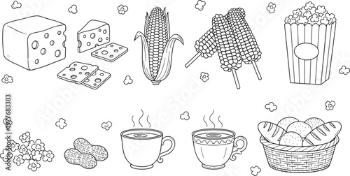 Vector illustration of outlined snack foods including cheese, corn, popcorn, peanuts, bread, and hot beverages