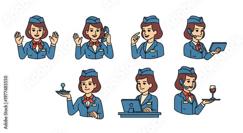 Airline attendant illustrations diverse actions and poses