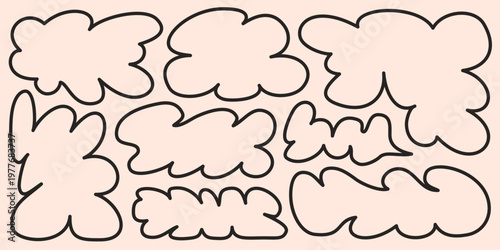 Curvy organic shape frames with soft wavy cloud outlines in bold black line style. Playful doodle amoeba forms and flowing wave silhouettes for text boxes, labels and creative layouts