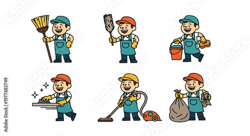 Cartoon cleaning crew performing various tasks against white background