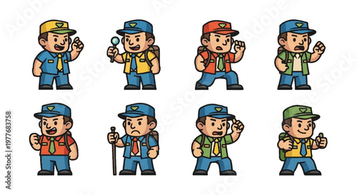 Cartoon characters set diverse poses and outfits