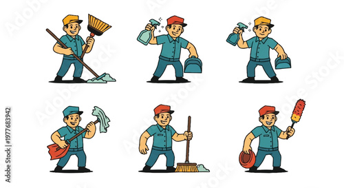 Cleaners in action set cleaning tools and tasks depicted in a flat vector illustration