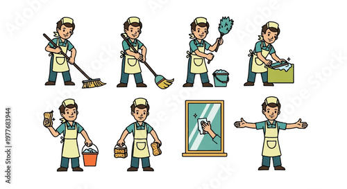 Cleaning staff cleaning various objects set vector illustration