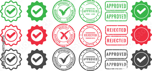 Approval and rejection stamps in red and green with checkmarks and crosses approval stamp