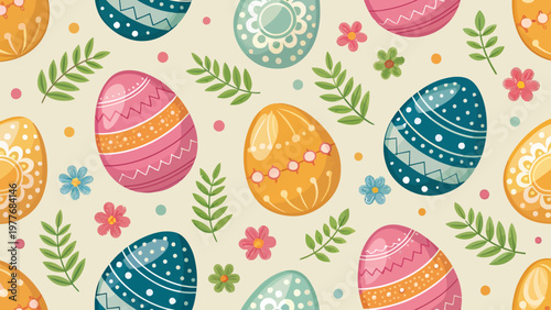 A colorful Easter-themed pattern featuring decorated eggs, flowers, and leaves on a cream background