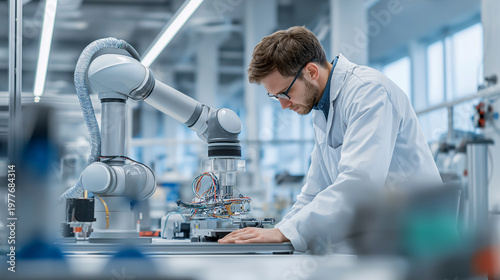 Engineer testing collaborative robot arm in laboratory representing automation robotics engineering innovation and industrial technology