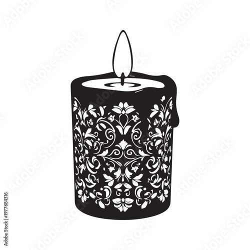 An ornate black silhouette of a burning candle is covered in detailed white damask and floral motifs, glowing with a flame.