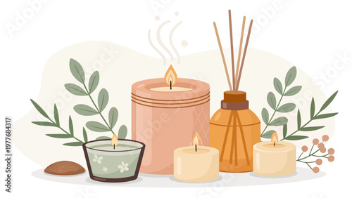 A serene arrangement of candles and plants for a peaceful ambiance