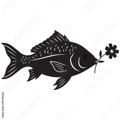 A black silhouette of a fish swimming sideways holds a delicate white flower in its mouth against a plain white background.