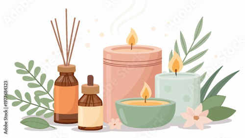 A serene arrangement of candles and essential oils for relaxation and wellness