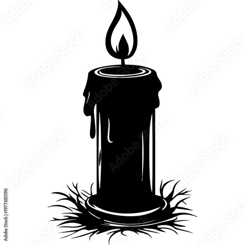 Illuminated Candle: A stark silhouette of a candle stands tall, its flame burning brightly, emanating a warm, inviting glow against a dark backdrop. 