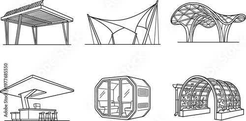 A collection of futuristic architectural designs and structures with unique shapes and forms.