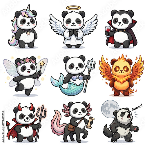 Set of 9 Cute Panda Characters - Kawaii Mythical Panda Unicorn, Angel, Vampire, Fairy, Mermaid, Phoenix, Devil, Axolotl Centaur, and Werewolf - Vector Illustration