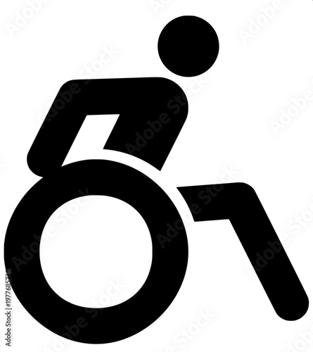 “Silhouette icon of a person using a wheelchair, bold solid shapes, modern accessible-design pictogram.”