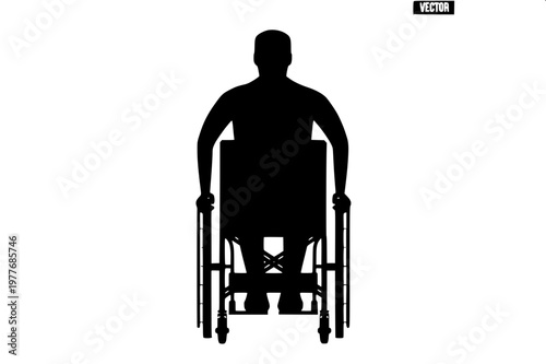 “Silhouette icon of a person using a wheelchair, bold solid shapes, modern accessible-design pictogram.”