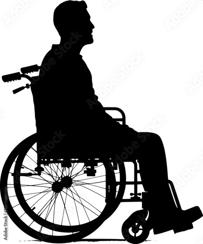 “Silhouette icon of a person using a wheelchair, bold solid shapes, modern accessible-design pictogram.”