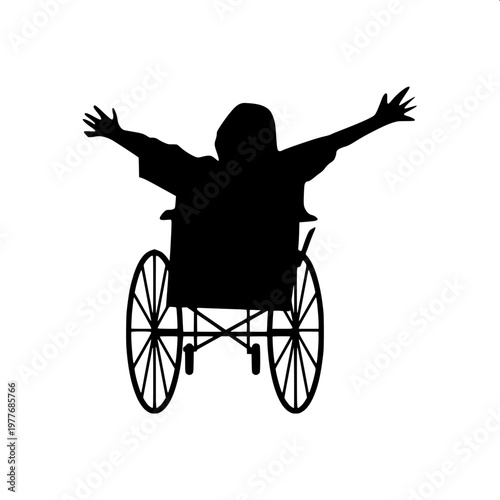“Silhouette icon of a person using a wheelchair, bold solid shapes, modern accessible-design pictogram.”