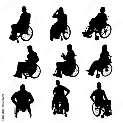 “Silhouette icon of a person using a wheelchair, bold solid shapes, modern accessible-design pictogram.”