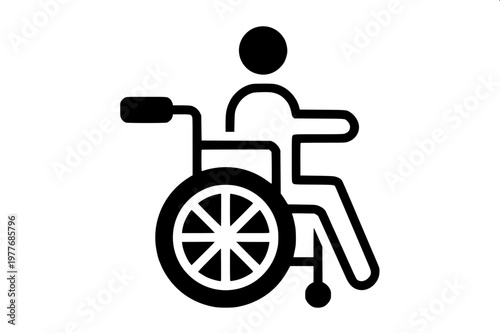 “Silhouette icon of a person using a wheelchair, bold solid shapes, modern accessible-design pictogram.”