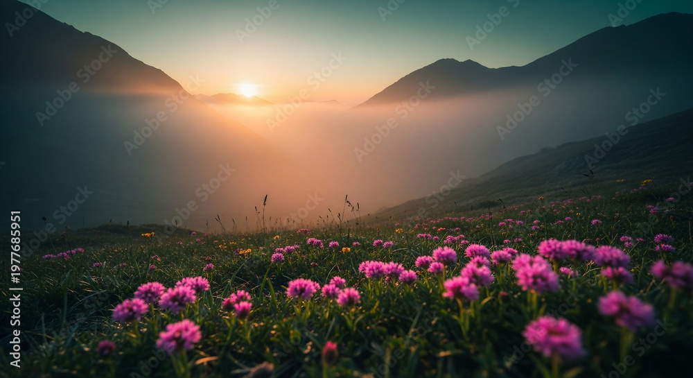 Fototapeta premium Sunset over mountain peaks with pink wildflowers in the foreground