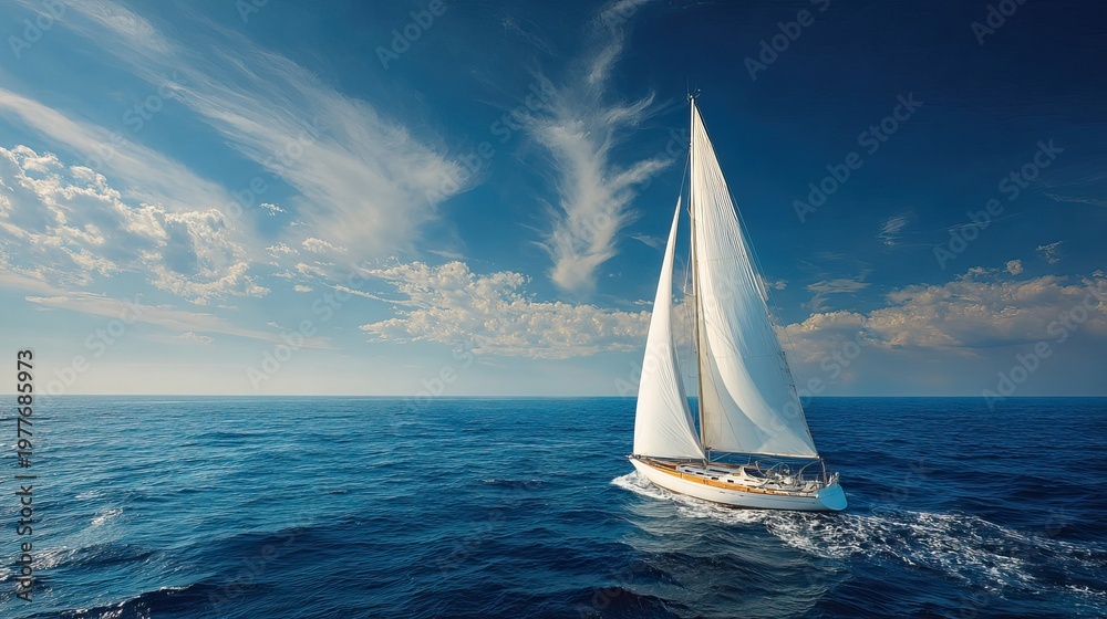 Obraz premium Elegant white sailboat with tall sail gliding across deep blue open ocean under bright sky with wispy clouds. AI generated image