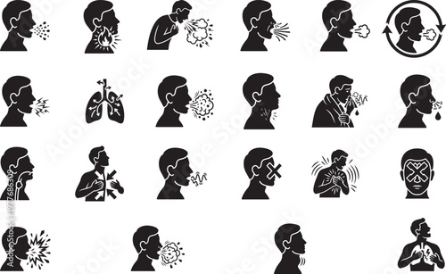Respiratory symptoms icon set:  Sore Throat, cough, chest irritation, throat issues, breathing trouble, cold symptoms and Medical Silhouette Vector Collection.

Respiratory symptoms icon set:  Sore 


