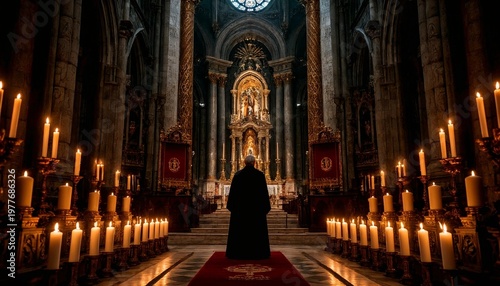 Monk praying in a cathedral surrounded by candles and statues  