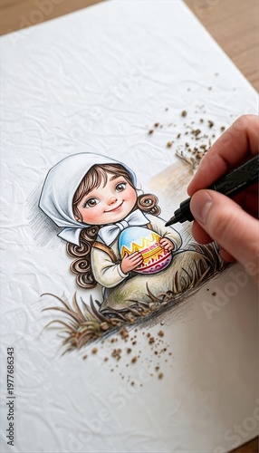 Girl drawing a colorful Easter egg illustration on textured paper  