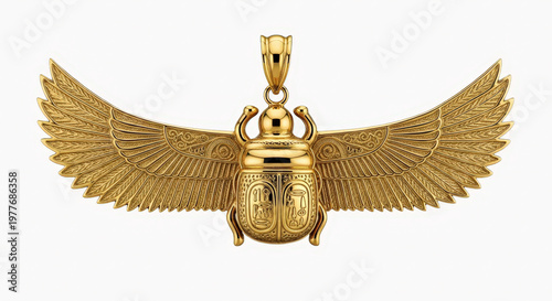 Intricate golden winged scarab amulet pendant featuring detailed egyptian hieroglyphics and crafting