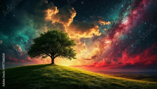 Majestic tree silhouetted against vibrant galaxy at sunset  
