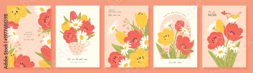 Set of festive Mother's Day greeting card templates featuring floral arrangements and a bouquet in a cup. Designs are in grainy vintage style.Vector illustration for spring holidays.