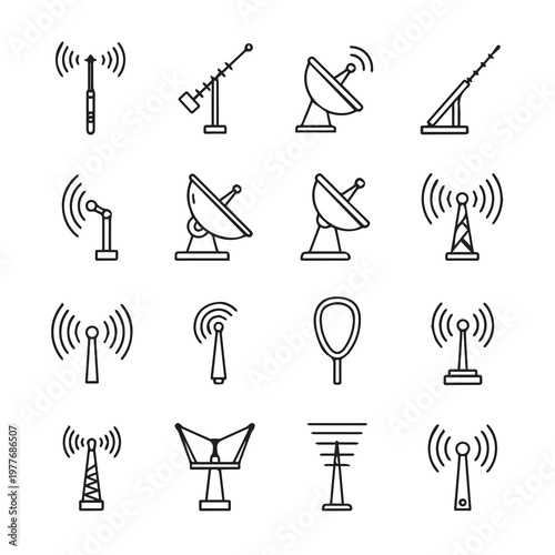 Antenna and satellite dish icons in a clean modern line art style for communication concepts