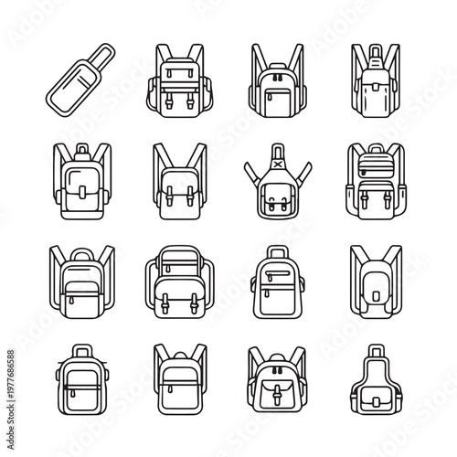 Assorted Backpack Styles in Clean Line Art for Graphic Design Projects