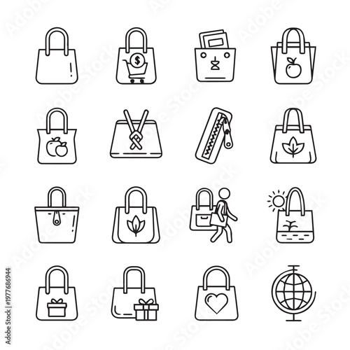 Assorted shopping bag icons with commercial and lifestyle concepts in a clean line art style