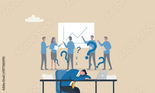 Quiet quitting pillars meeting teams together boredom, exhaustion or burn out from hard work without recognition concept, unhappy businessman sleeping while working at busy workplace