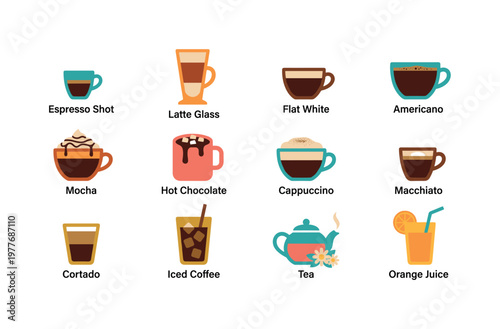 Collection of popular coffee drinks and beverages illustrated in a clean, modern style