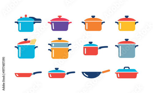 Collection of colorful kitchen pots, pans, and cookware in a flat design style