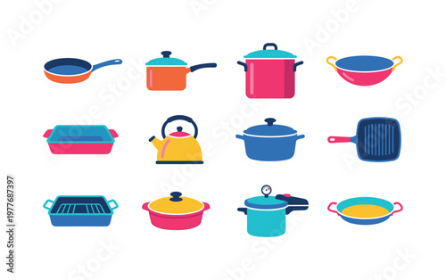 Collection of colorful kitchen cookware and utensils for cooking and baking