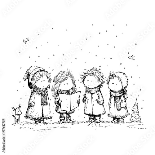 Group of children singing christmas carols in snowy winter weather wearing cozy winter clothing and holding songbooks in a whimsical hand drawn sketch style illustration