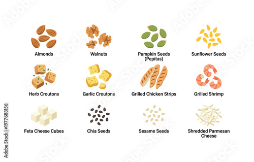 Collection of healthy salad toppings including nuts, seeds, croutons, and protein options
