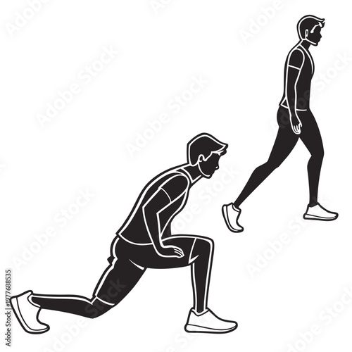 Silhouette of a man performing lunges with dumbbells in a dynamic fitness pose, showcasing strength and movement.
