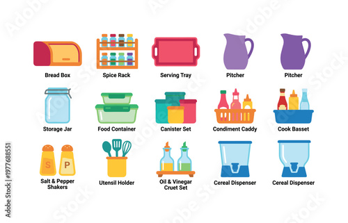 Collection of kitchen storage and serving items in a flat design style