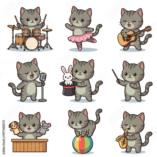 Set of 9 Cute Cat Characters - Kawaii Grey Cat Playing Drums, Ballerina, Guitarist, Singer, Magician, Conductor, Puppeteer, Acrobat, and Saxophonist - Vector Illustration