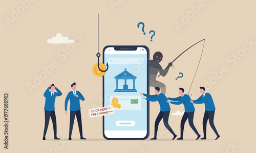 Mobile phone teams together phishing fall website or online crime, thief steal money from mobile banking app concept, mobile smartphone with fishing bait scam money threat