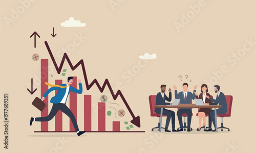 Economi recession or depression, investment risk or price drop causing money loss concept, fear businessman investor run away from collapsing graph