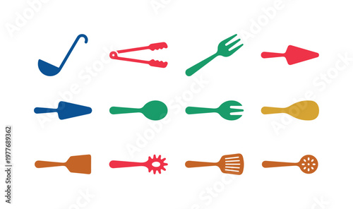 Collection of colorful kitchen utensil icons arranged in a grid on a white background