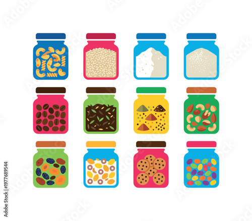 Collection of twelve colorful jars filled with various pantry staples and snacks