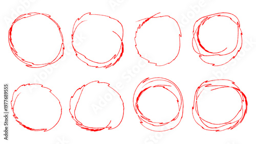 red hand drawn circular marker highlights and frames set, textured red ink scribbles and round doodle circle elements, handwritten red marker frames for emphasis and correction, abstract scratchy red 
