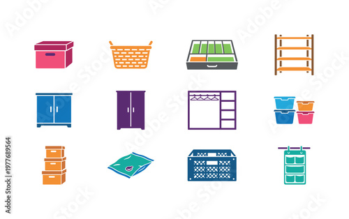 Collection of colorful icons representing various home storage solutions