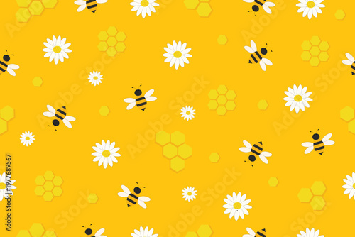 Seamless vector pattern with cute bees, chamomile flowers and honeycomb elements on a warm yellow background. perfect for kids designs, packaging, textiles and wallpapers.